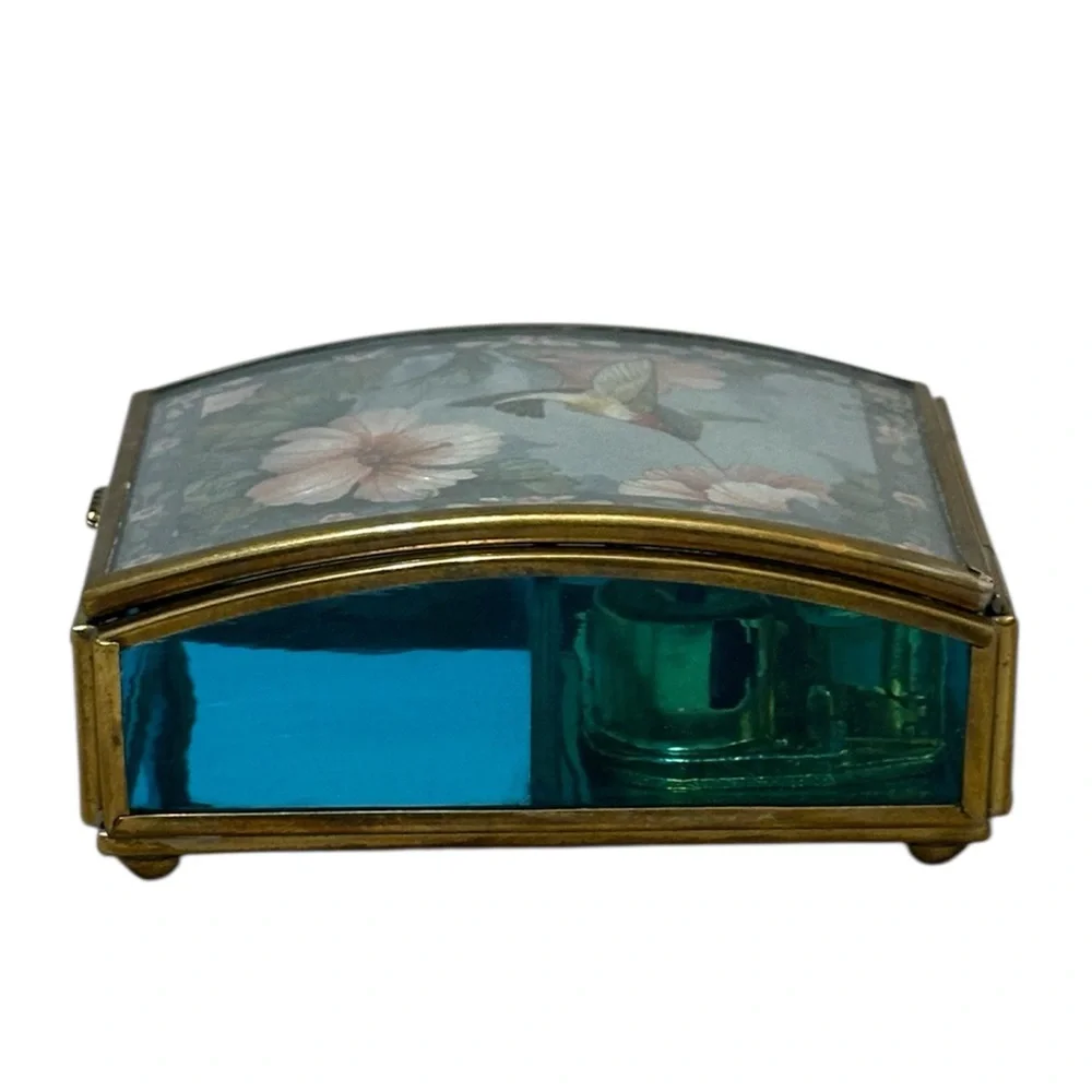 VTG Enesco Glass and Brass Jewelry Trinket Music Box With Floral & Hummingbirds